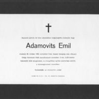 Gyászjelentés Adamovits Emil haláláról