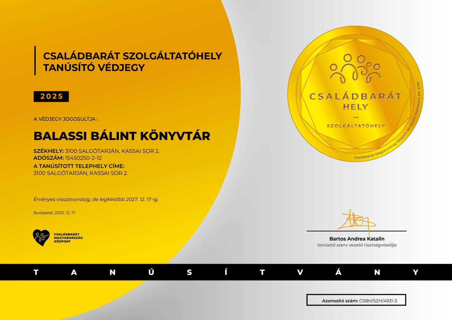 Családbarát szolgáltatóhely tanúsítvány